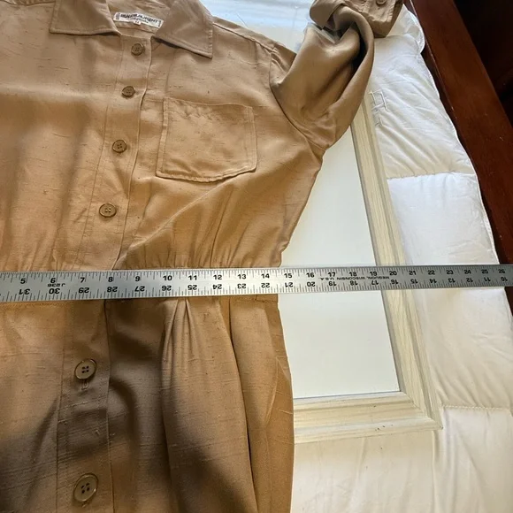 Vintage YSL Rive Gauche Tan Raw Silk Shirt Dress FR 42 US 8/10 - Picture 11 of 15